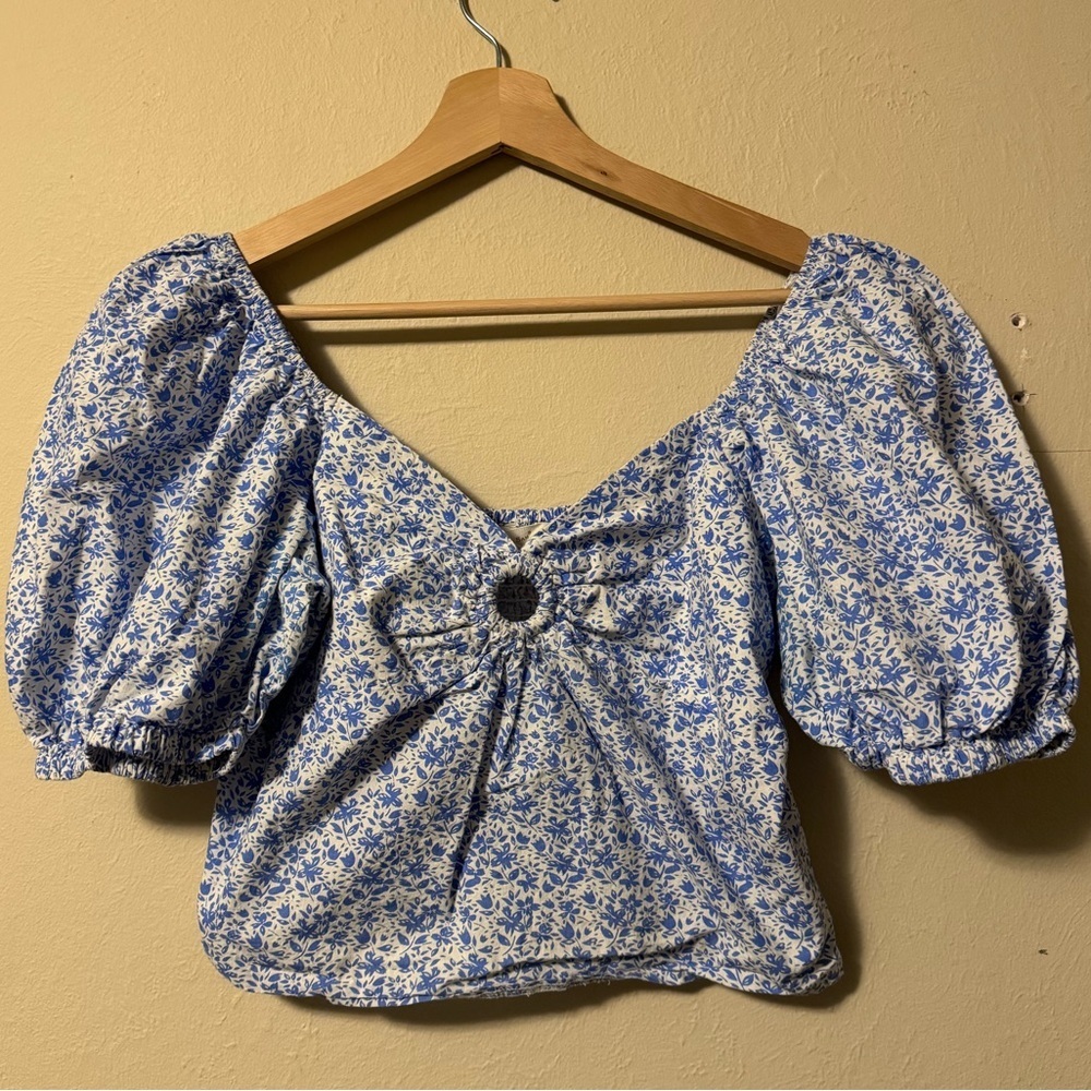 Sim & Sam blue baby floral pattern puffy sleeve crop blouse Size XL
